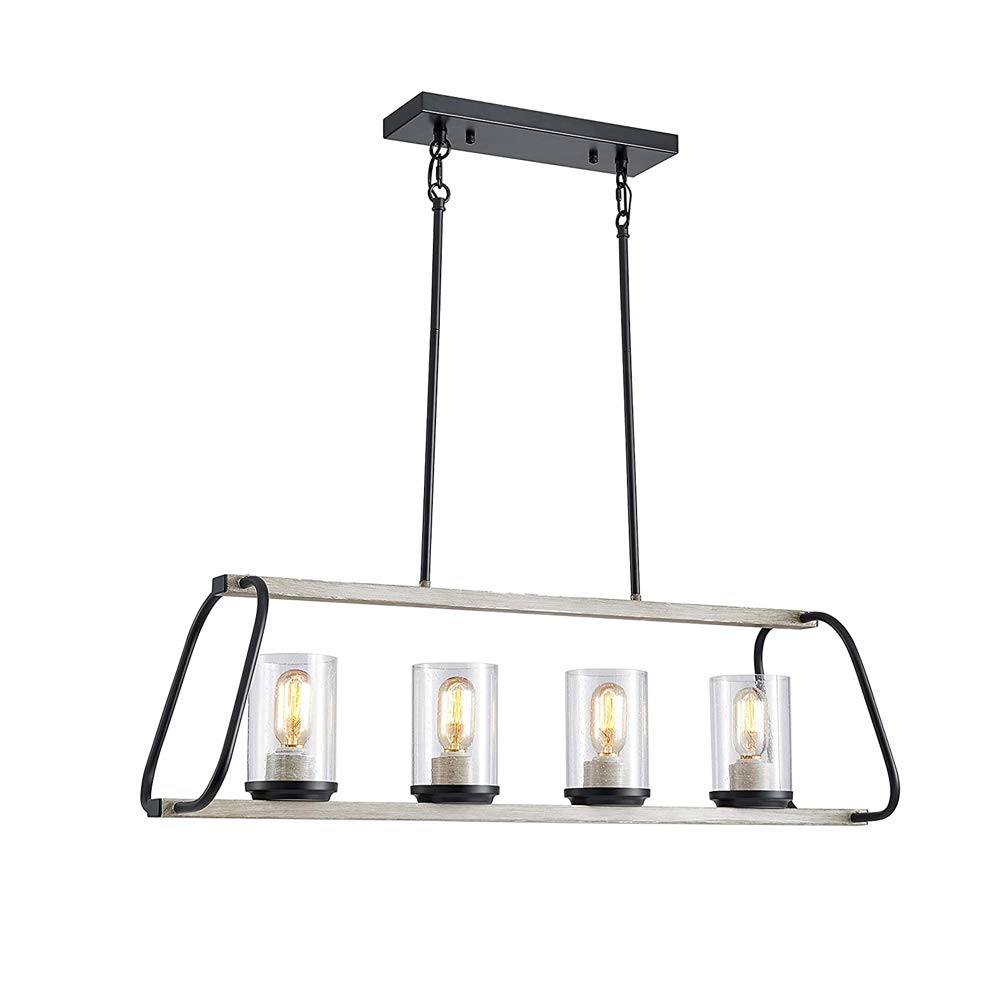 Mozeny 4-Light Farmhouse Linear Pendant Lighting - Rustic Glass Shade Kitchen Island Chandelier - Antique White & Black Hanging Light Fixture for Dining Room, Living Room, Bar & Coffee Shop Decor