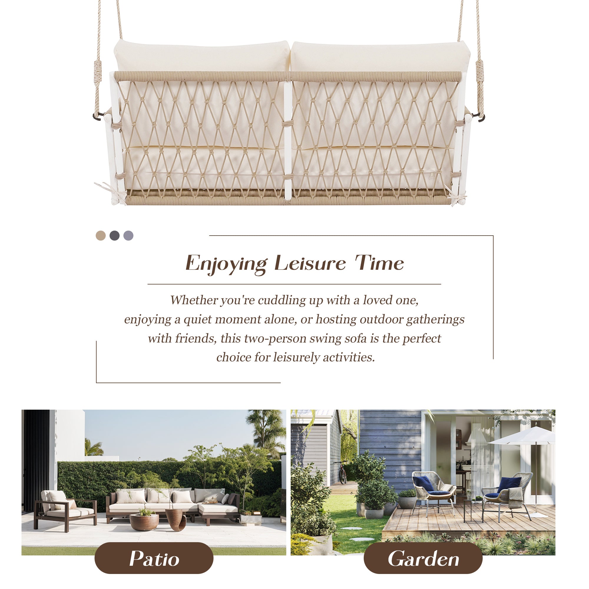 1 Piece Woven Rope Outdoor Swing Sofa with Soft Cushions - Seats 2 People - Perfect for Patio, Garden, Backyard, Balcony & Porch - Weather-Resistant Beige Hanging Chair for Relaxation & Leisure Time