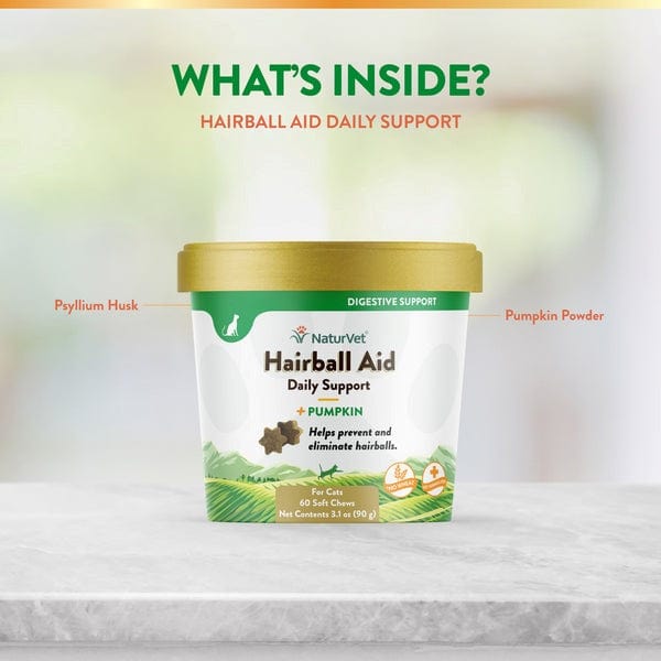NaturVet Hairball Aid with Pumpkin Soft Chews for Cats – Digestive Support & Hairball Relief for Indoor Cats | Vet-Recommended Formula