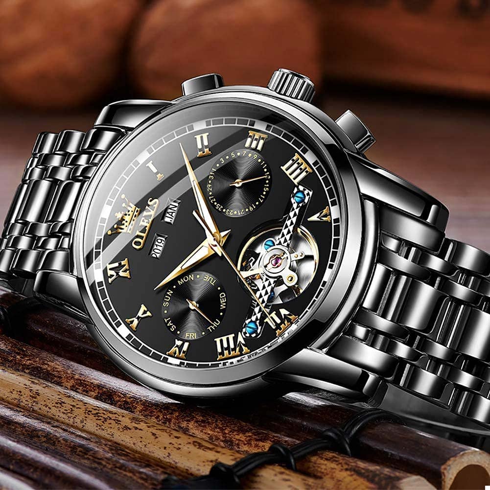 OLEVS Men's Automatic Self-Winding Tourbillon Watch - Luxury Stainless Steel Dress Watch with Luminous Hands & Waterproof Design - Perfect for Business, Formal Events & Everyday Wear