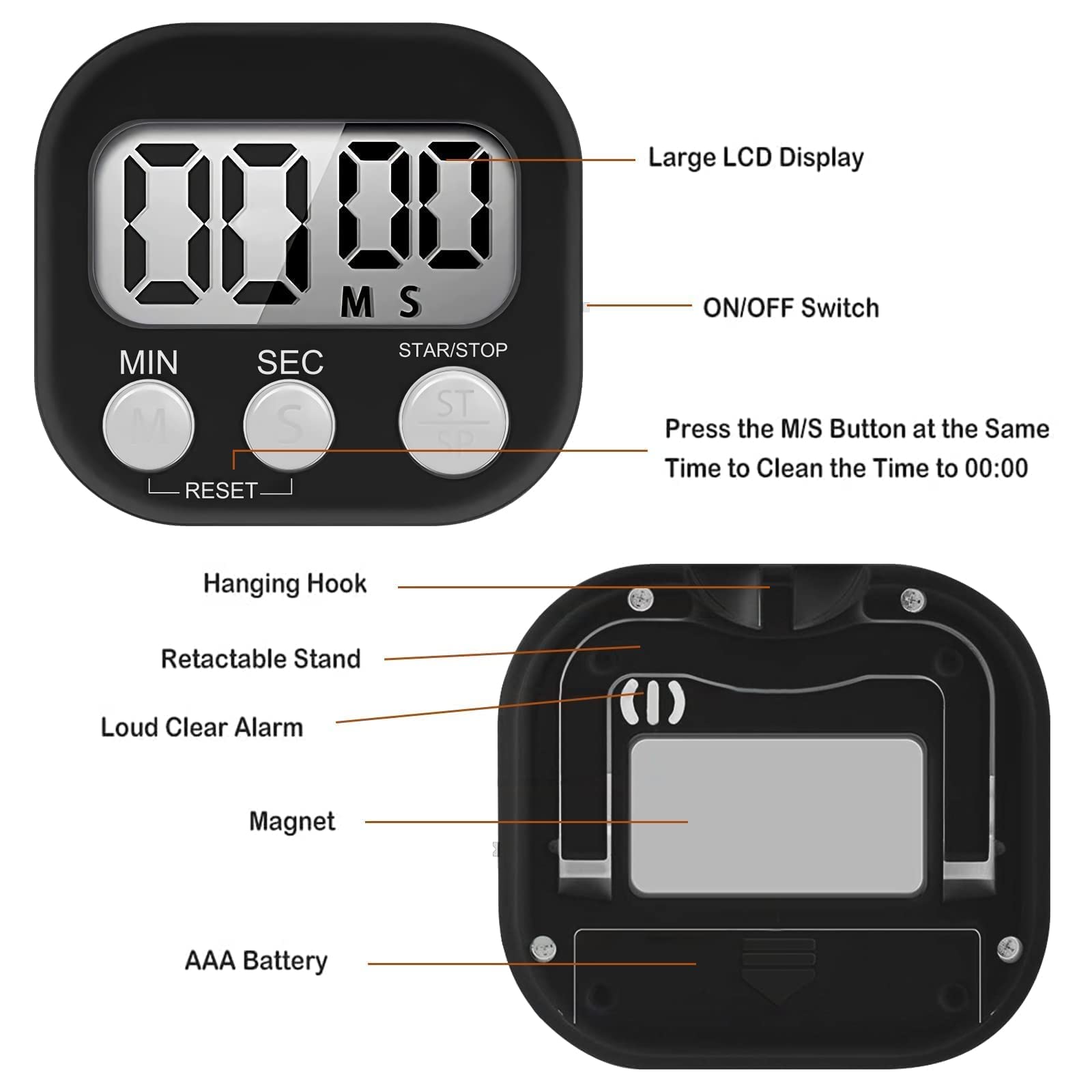 4-Piece Magnetic Kitchen Timer with Loud Alarm - Digital ON/OFF Switch Timer for Cooking, Kids, Study & Workouts (Black) - Perfect for Baking, Homework & Fitness Tracking