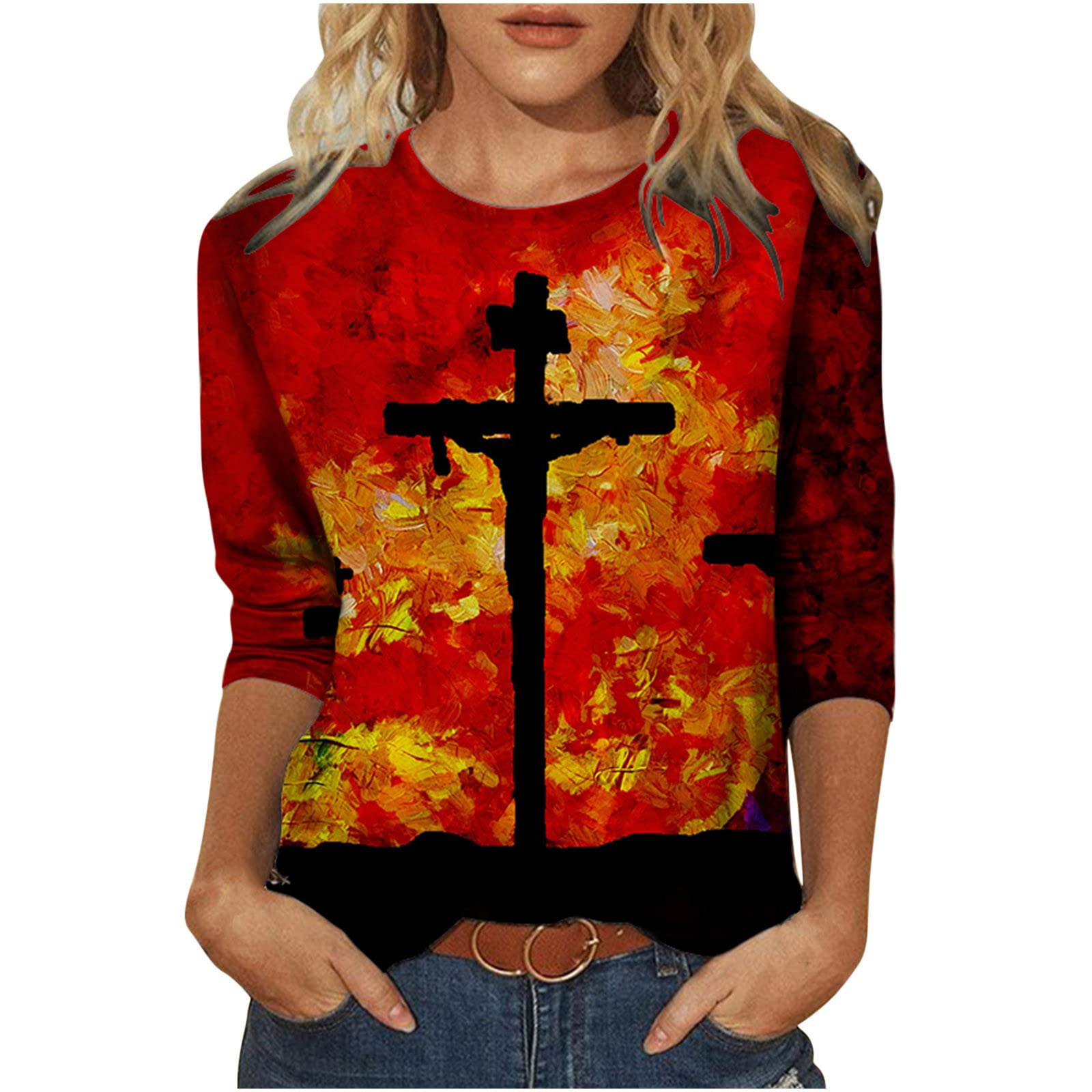 Faith-Inspired Women's Long Sleeve Sweatshirt - Jesus Cross Oil Painting Print Pullover Tee | Christian Apparel for Church, Bible Study & Casual Wear
