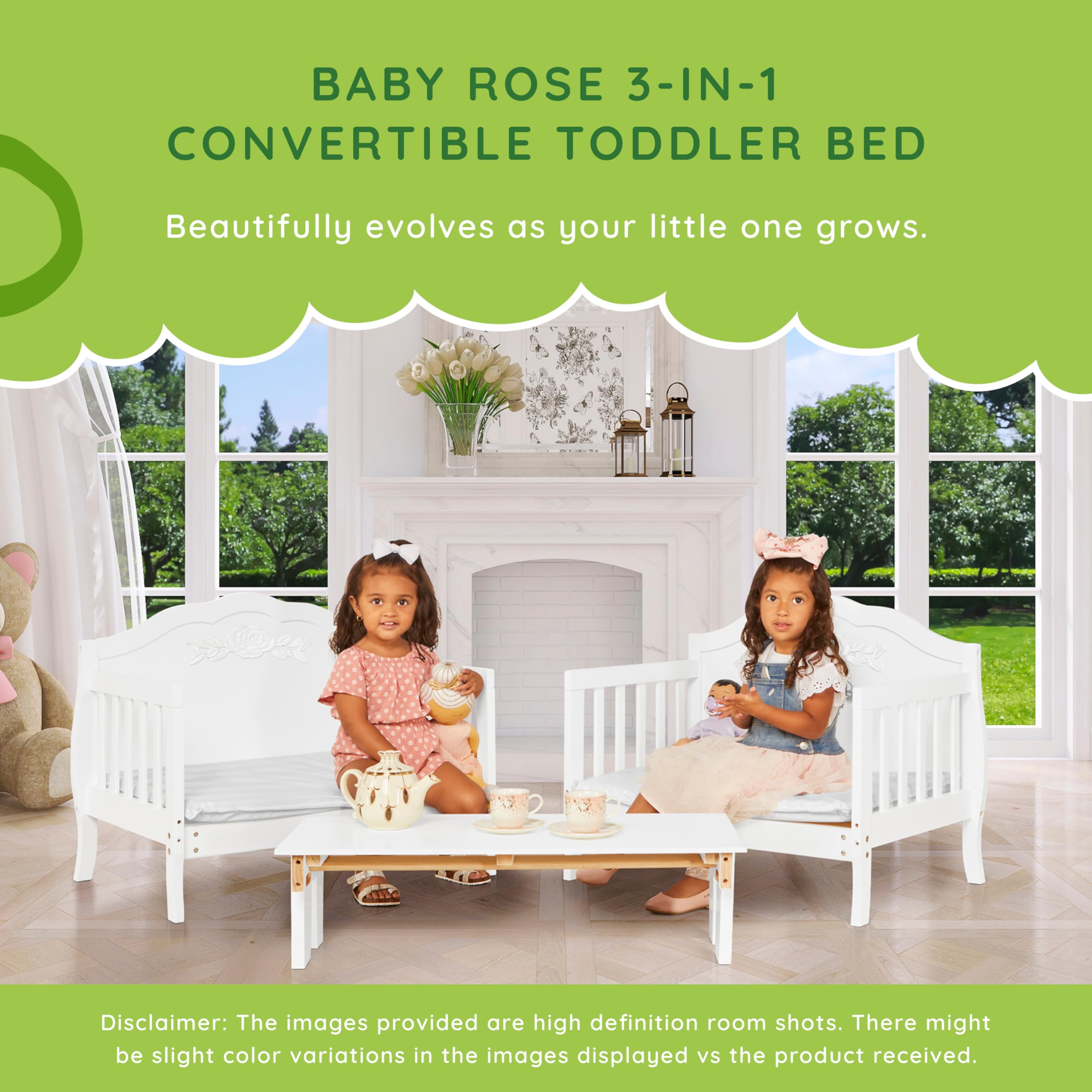 White Rose 3-in-1 Convertible Toddler Bed - Greenguard Gold & JPMA Certified with Safety Rails | Sustainable New Zealand Pinewood | Perfect for Nursery, Daycare & Small Kids' Rooms