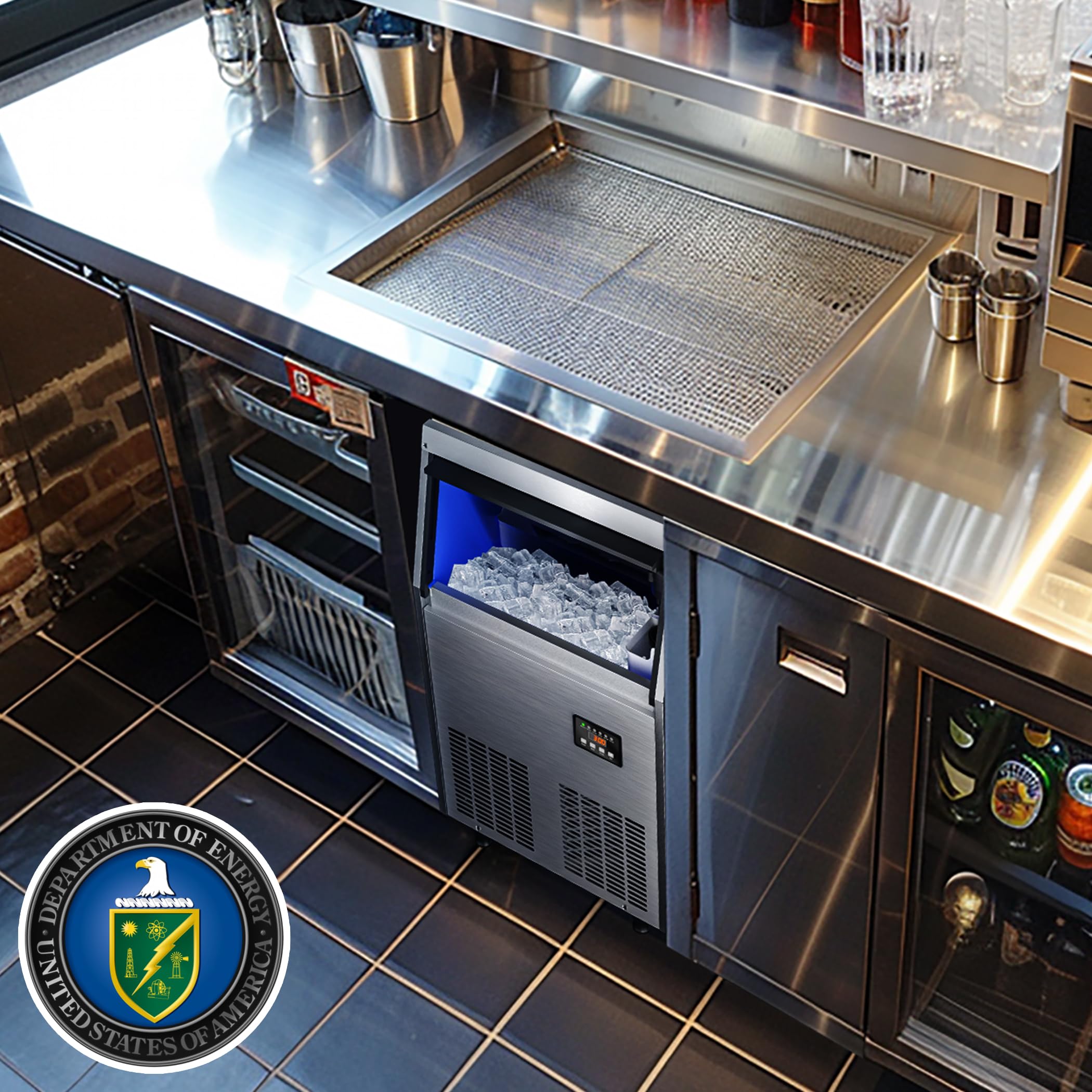 Commercial Ice Maker Machine 100LBS/24H, Under Counter Ice Maker with 34LBS Storage, Stainless Steel Ice Machine for Restaurant, Home Bar, Office, DOE Certified - Perfect for Cocktail Making, Party Serving and Commercial Kitchen Use