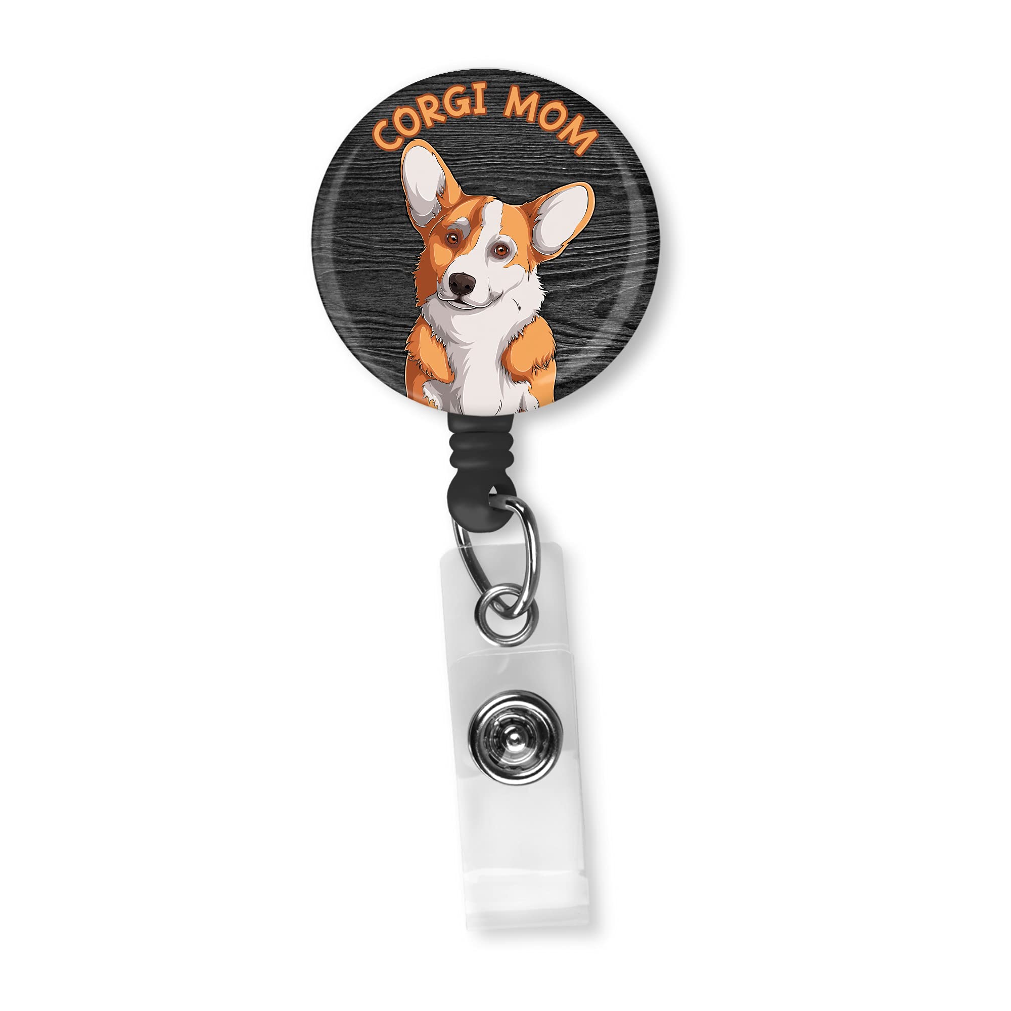 Cute Corgi Mom Badge Reel ID Holder with Faux Black Wooden Background - Perfect for Nurses, Teachers, Healthcare Workers & Office Professionals