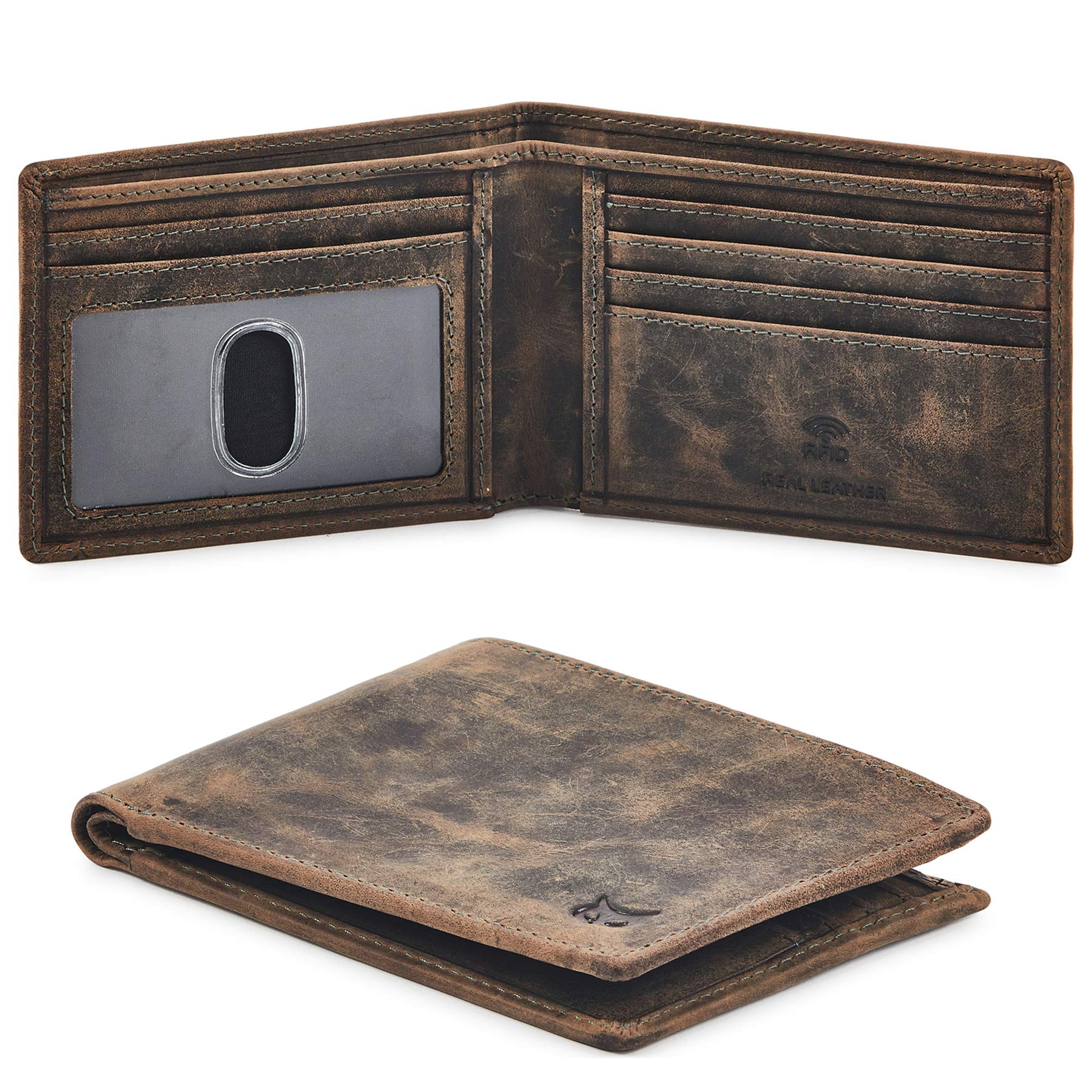 Genuine Leather Men's RFID Blocking Bifold Wallet - Slim Minimalist Front Pocket Design with ID Window | Thin & Stylish Gift Box (Crazy Horse, Moss) - Perfect for Everyday Carry, Travel & Business Use