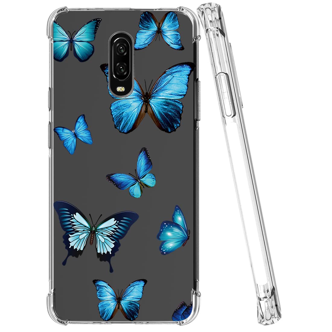 Cute Clear Slim Shockproof TPU Case for OnePlus 7 GM1901 & OnePlus 6T A6010 - Blue Butterfly Pattern Soft Flexible Rubber Protective Phone Cover for Women | Perfect for Everyday Use, Work & Travel