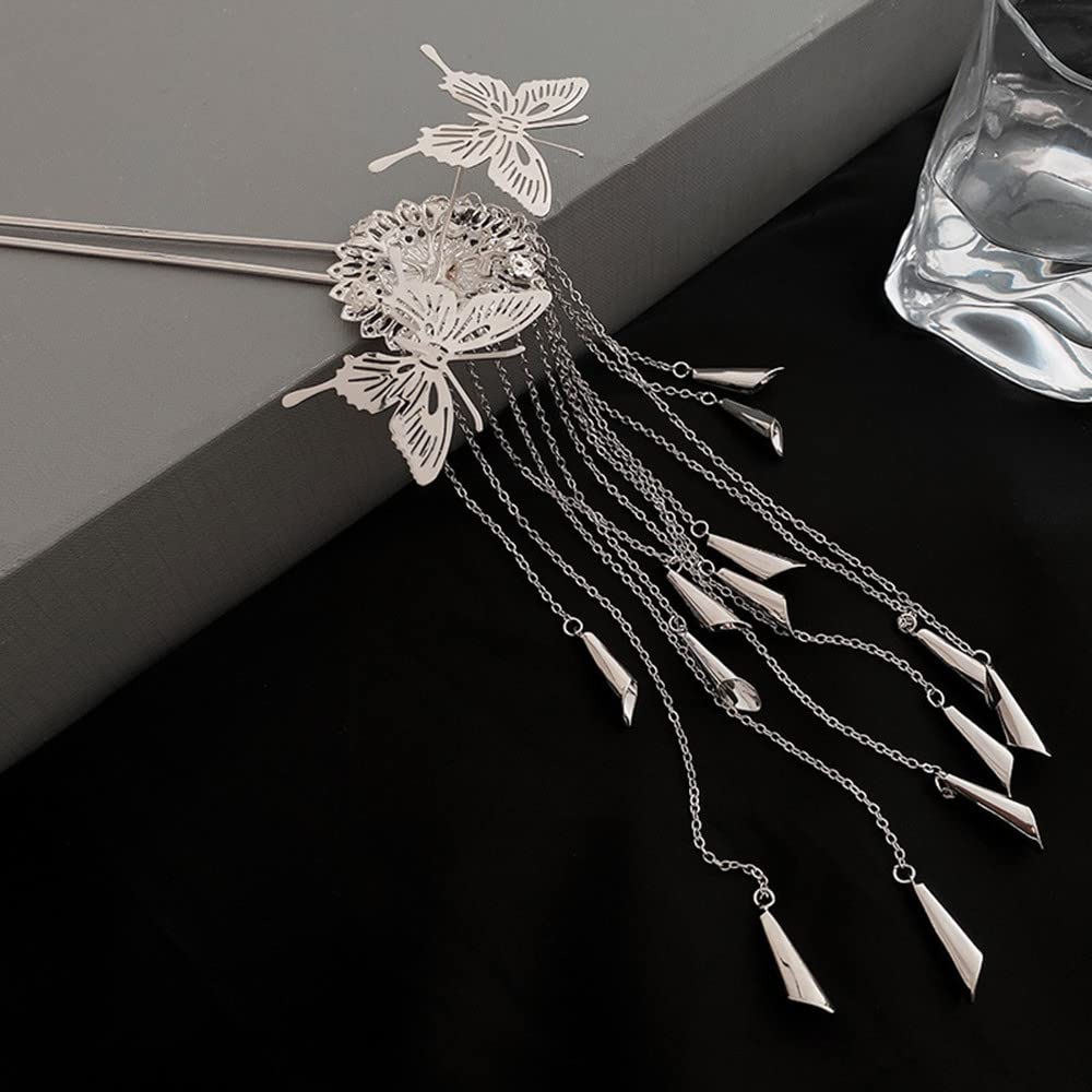 Butterfly Hair Stick with Silver Tassel - Chinese Hairpin for Women & Girls - Wedding & Party Accessory