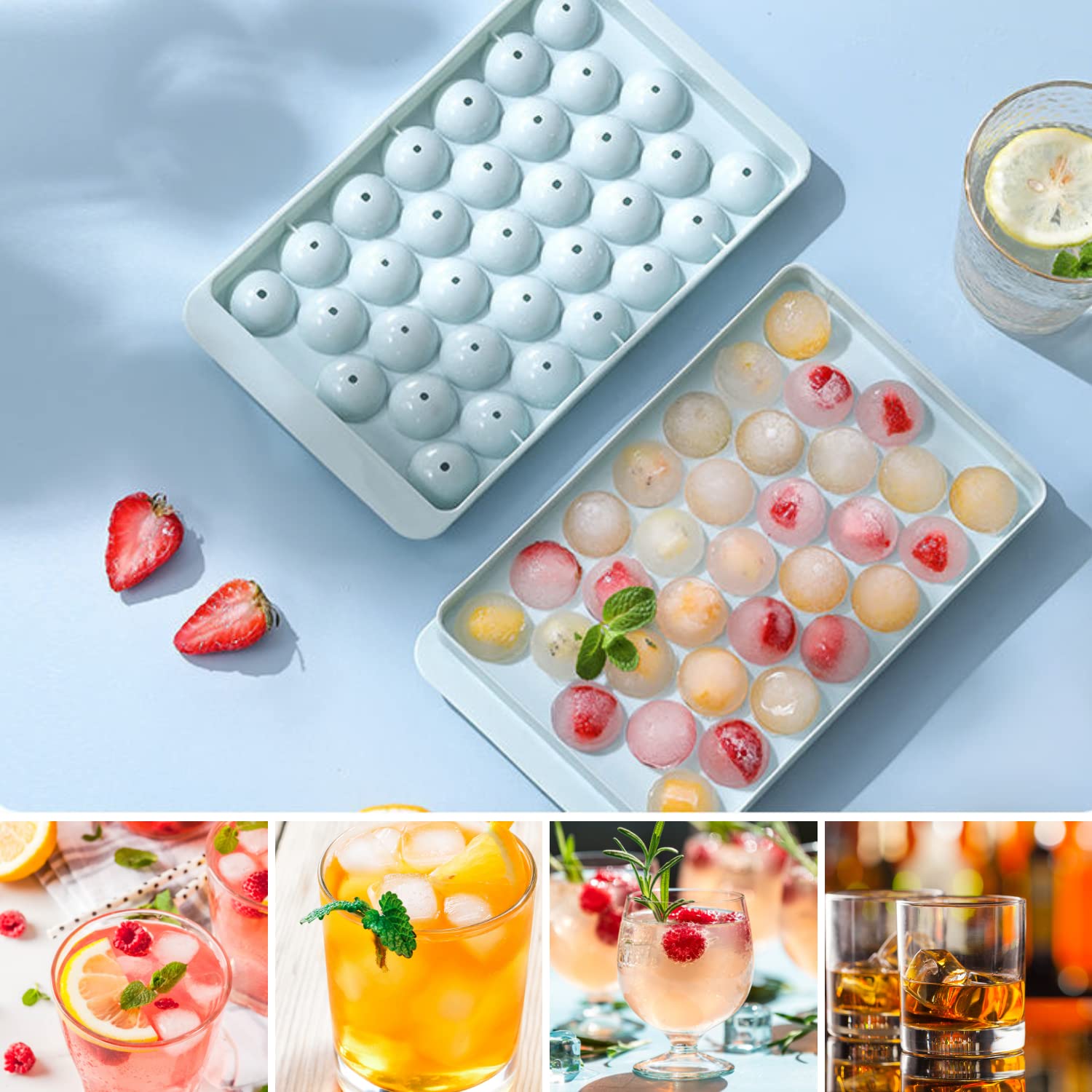 33-Cavity Small Ice Sphere Mold with Lid - Ice Ball Maker for Whiskey, Cocktails & Coffee | Reusable Freezer Ice Cube Tray | Perfect for Home Bars, Parties & Beverage Chilling (Blue)