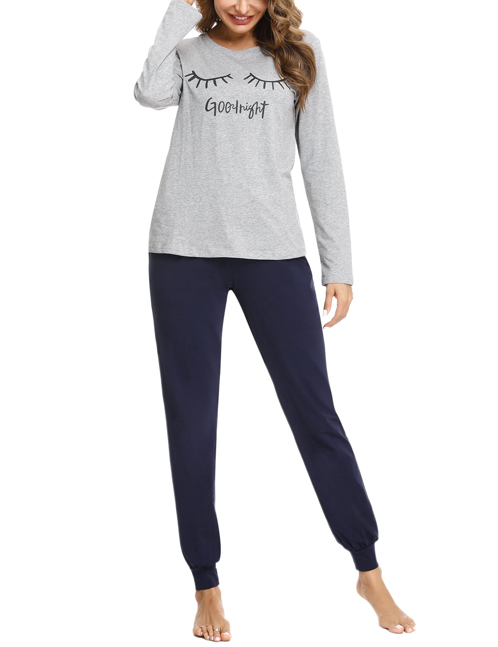 Women's Cotton Pajama Set - Long Sleeve Top & Star Print Pants with Pockets | Soft Sleepwear for Lounge, Travel & Home Comfort | Cozy Nightwear Gift for Her