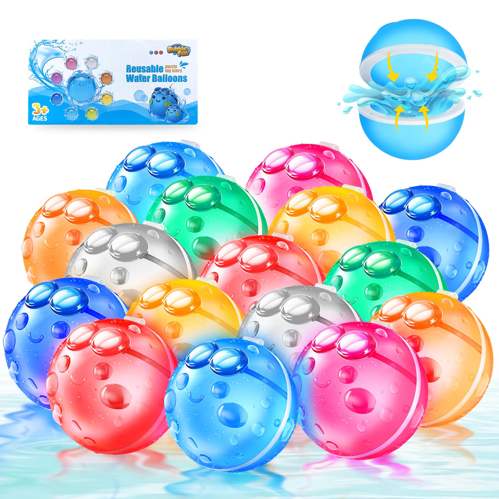 16 Pack Reusable Water Balloons for Kids & Adults - Quick Fill Self-Sealing Magnetic Water Balls, Eco-Friendly Silicone Water Toys for Summer Outdoor Fun - Perfect for Pool Parties, Beach Games & Backyard Water Fights