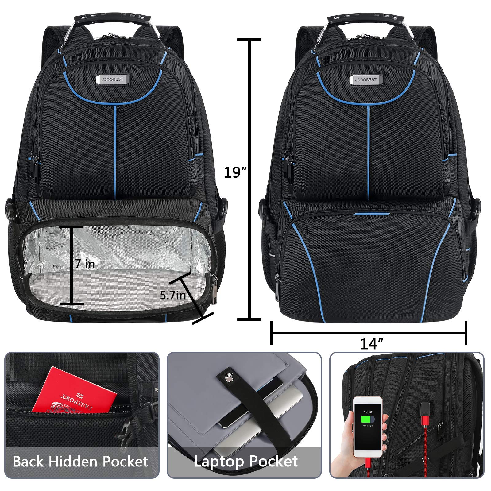 VECKUSON Insulated Lunch Backpack with Cooler - Extra Large TSA Friendly Travel Laptop Backpack for Work, School & College | RFID Protection & USB Charging Port | Perfect for Commuters, Students & Office Professionals (Blue)