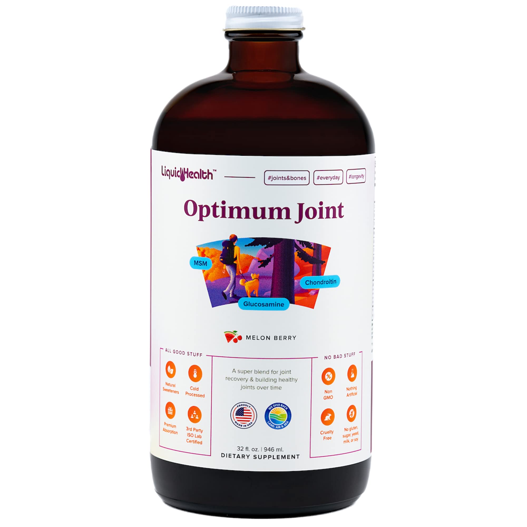 LiquidHealth 32 Oz Triple Strength Joint Support Supplement with Glucosamine, Chondroitin, MSM & Hyaluronic Acid - Gluten Free, Sugar Free, Dairy Free, Soy Free Liquid Vitamins for Joint Pain Relief & Mobility Support - Ideal for Active Adults, Athletes & Seniors