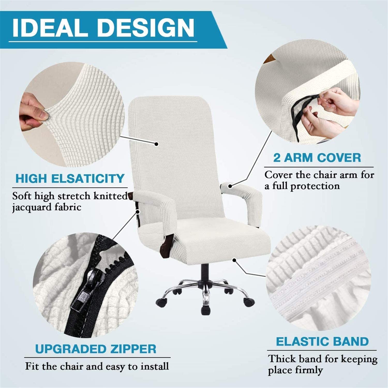 YYHSND Universal Stretch Office Chair Cover - Breathable Checked Jacquard Fabric, High Back Design with 2 Arm Covers (Off White, Large) - Perfect for Home Office, Gaming Chair & Computer Desk Setup