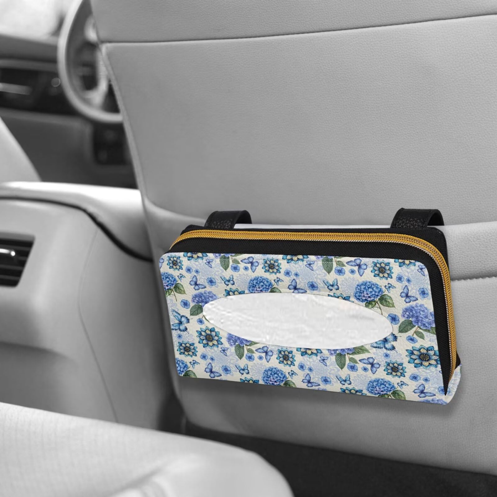 Blue Butterfly Mandala Hydrangea Floral Car Tissue Holder - PU Leather Sun Visor Napkin Organizer for Backseat | Car Accessories for Women, Travel & Road Trips