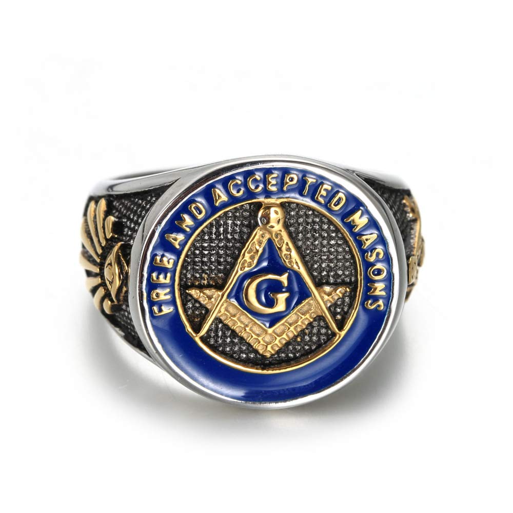 **Men's Masonic Ring - Stainless Steel Freemason Symbol Signet Band in Silver, Gold & Blue | Free & Accepted Masons Jewelry for Gifts & Brotherhood Events**