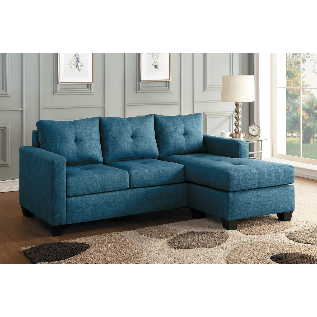 Reversible Blue Sofa Chaise Lounge with Textured Fabric & Faux Wood Legs - Perfect for Living Room, Bedroom or Home Office Relaxation