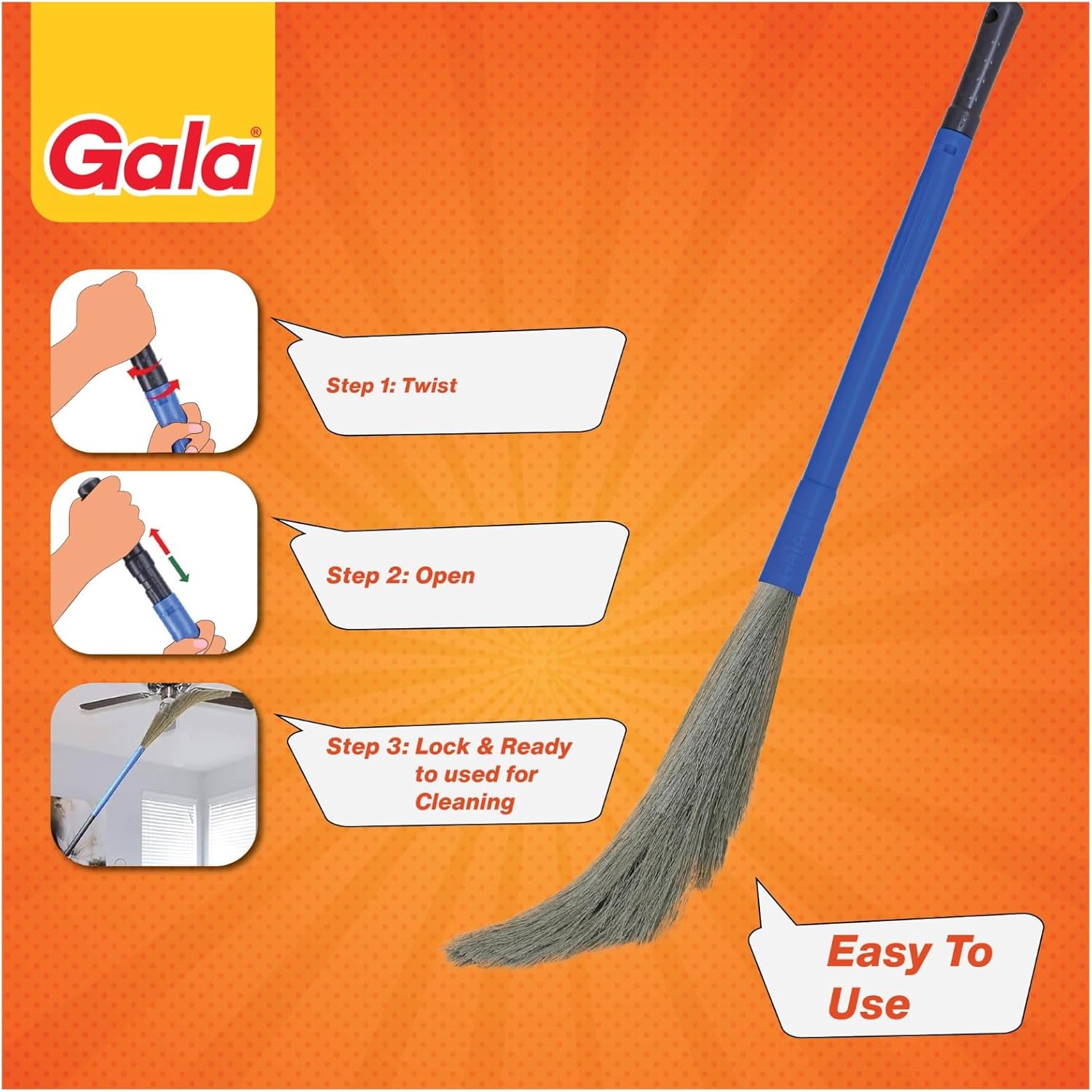 Dust-Free Gala Floor Broom with Extendable Handle - 2-in-1 Broom for Effortless Cleaning | Perfect for Hardwood, Tile & Pet Hair Removal