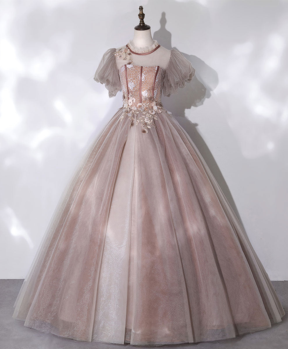 Elegant Pink Tulle Long Prom Dress with Applique Beading - Sweet 16 Formal Gown for Homecoming, Quinceañera & Special Occasions