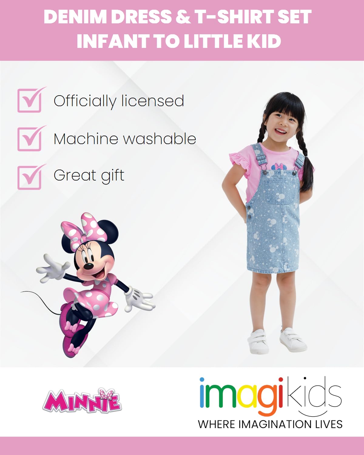 Disney Minnie Mouse Vintage Wash Denim Overalls & T-Shirt Outfit Set for Baby Girls (6-24 Months) - Cute Casual Playwear for Daycare & Family Outings