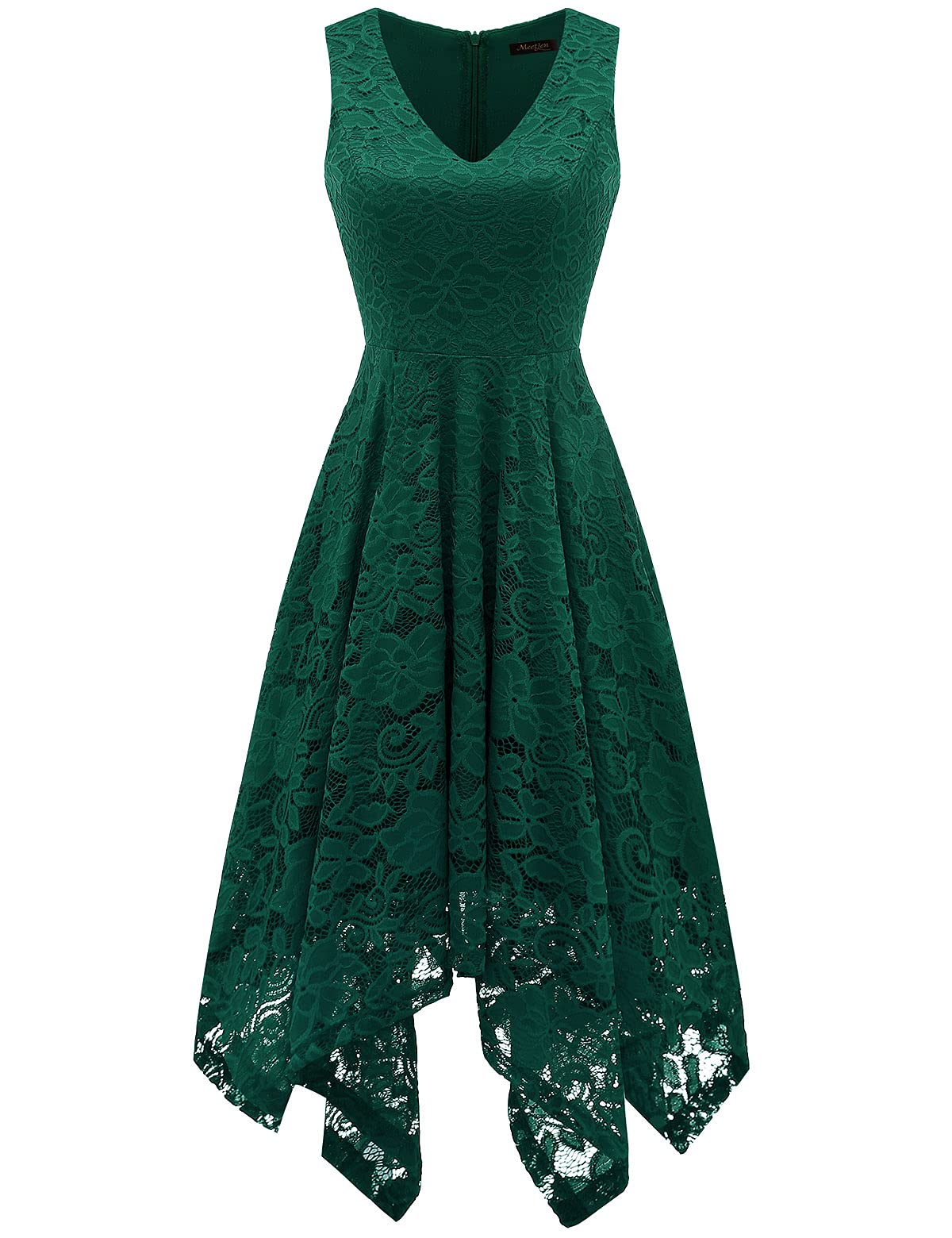Meetjen Women's Vintage Floral Lace Dress - Handkerchief Hem Asymmetrical Cocktail Party Gown for Formal Events & Evening Occasions