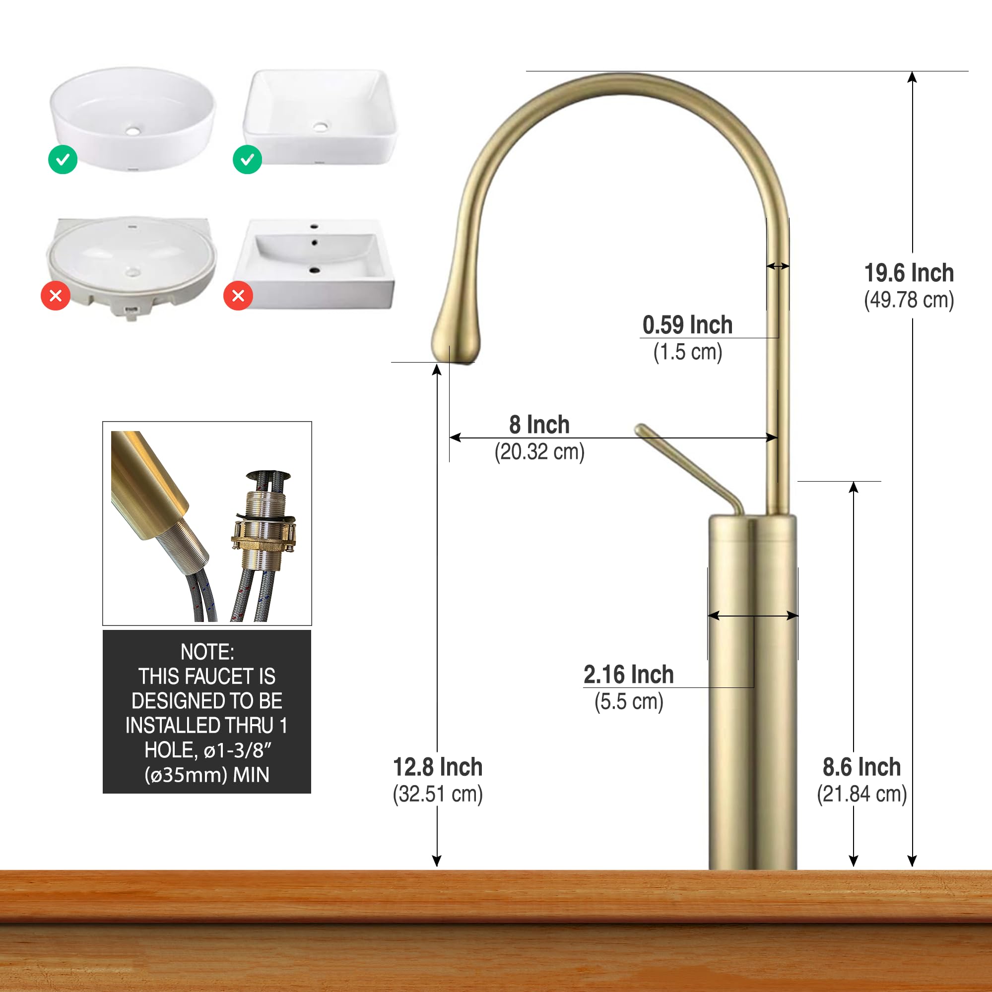 Brushed Gold Bathroom Faucet - High Arc Single Handle Vessel Sink Faucet, Tall Solid Brass Vanity Faucet with Pop-Up Drain (No Overflow), cUPC Certified, Includes Water Supply Hoses & Installation Kit - Perfect for Modern Bathrooms, Powder Rooms & Luxury Vanities