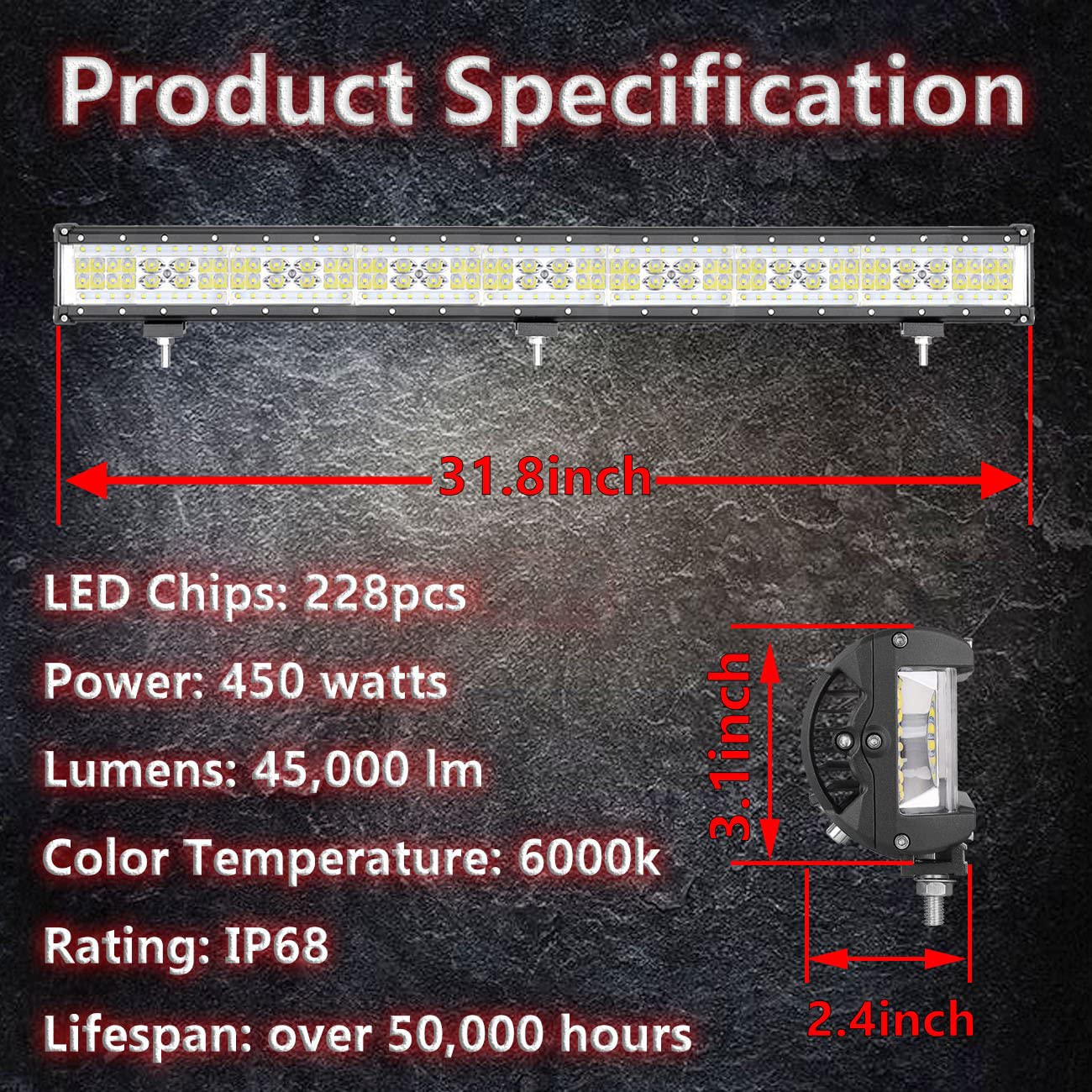 30 Inch 450W Muto-Beam Quad Row LED Light Bar - Off Road Driving Spot Flood Combo Work Lamp for Trucks, UTVs, ATVs, Pickups, SUVs & Boats | Perfect for Night Driving, Foggy Conditions & Outdoor Adventures