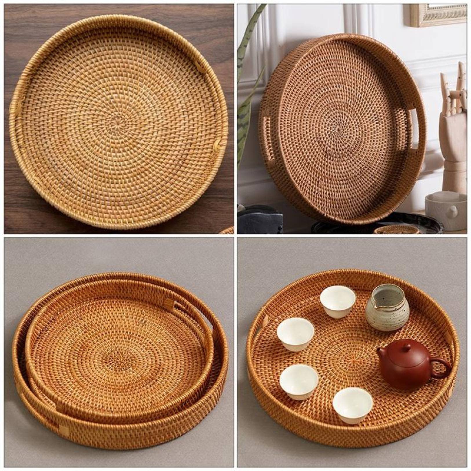 Handmade Woven Rattan Fruit Basket with Handle - Multipurpose Storage Tray for Afternoon Tea, Picnics, Kitchen Organization & Home Decor