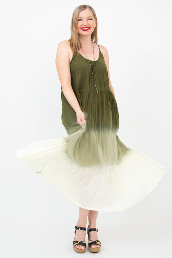 Boho Green Dip Dye Maxi Dress for Women - Flowy Summer Beach Dress for Vacation, Music Festivals & Outdoor Events