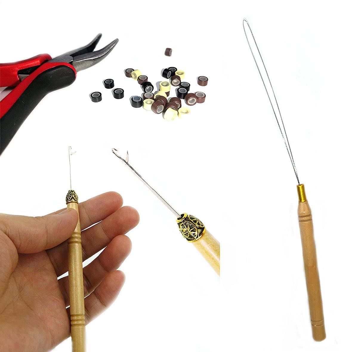 Professional Hair Extension Kit with Pliers, Pulling Hook & 500 Beige Silicone Lined Micro Rings - Essential Tools for Salon Stylists & DIY Hair Extensions at Home