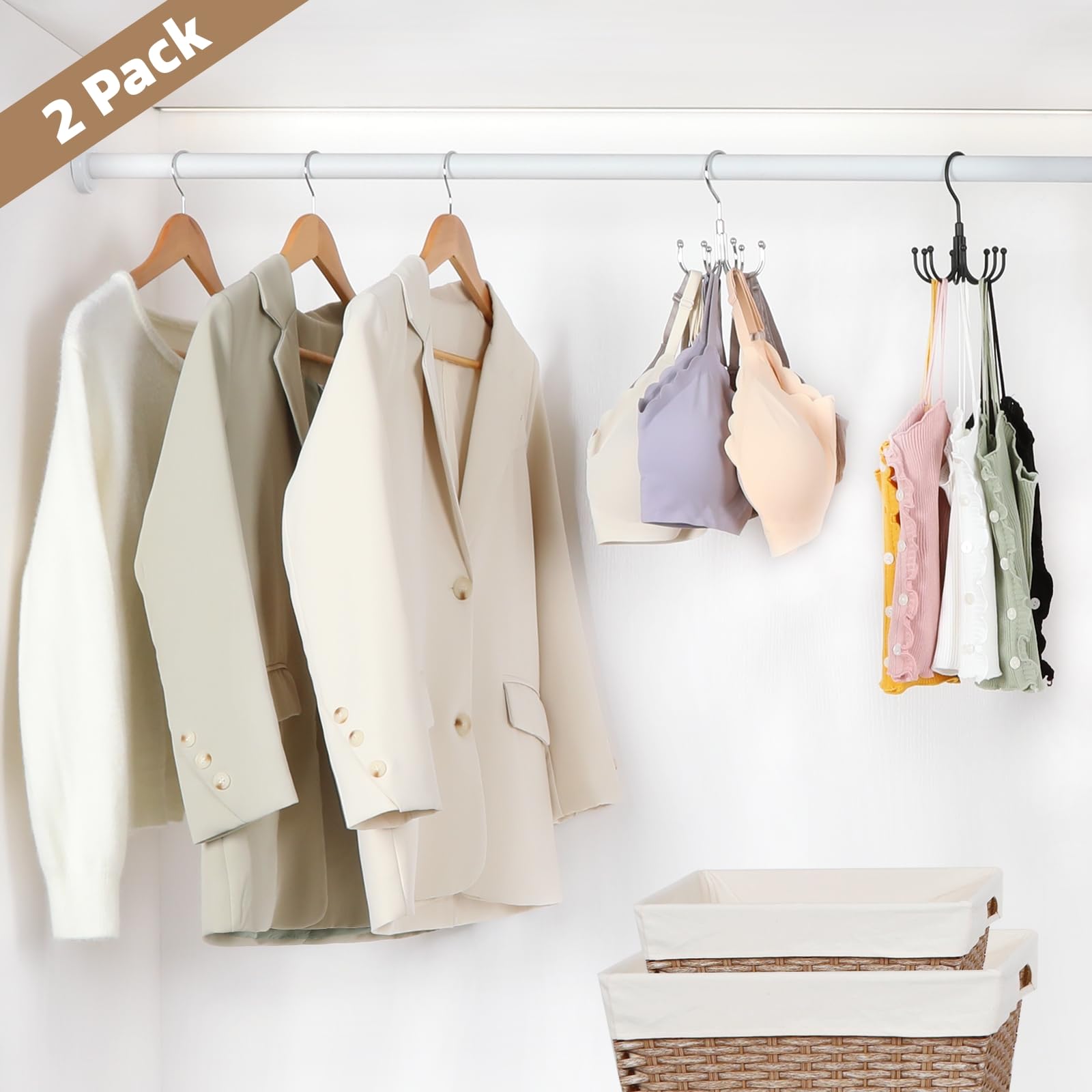 360° Rotatable Belt Organizer & Closet Storage Hook - 2-Pack with 8 Hooks for Belts, Ties, Scarves, Purses & More | Space-Saving Accessory Organizer for Closet, Wardrobe & Bedroom (Black)