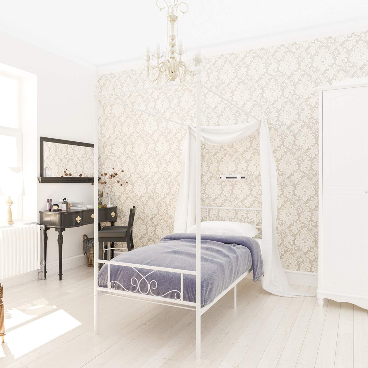 Weehom Twin Canopy Bed Frame with Headboard and Footboard - 4 Poster Metal Bed Frame for Kids & Adults - No Box Spring Needed - Sturdy Mattress Foundation Platform Bed in White - Perfect for Bedrooms, Guest Rooms & Dorm Decor
