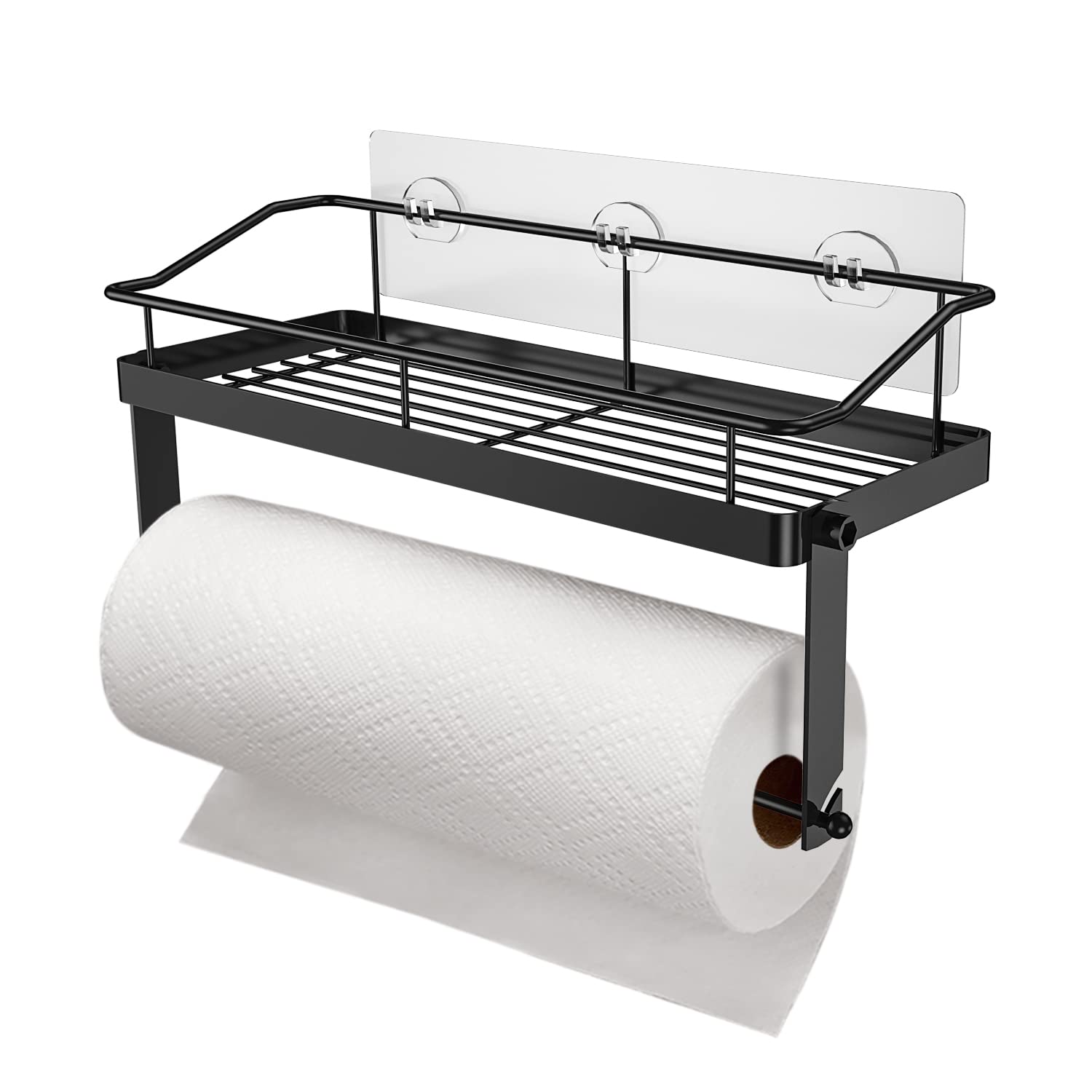 2-in-1 Stainless Steel Self-Adhesive Paper Towel Holder & Spice Rack - No Drilling Installation for Kitchen & Bathroom Organization - Space Saving Storage Solution for Paper Towels, Spices & Small Essentials