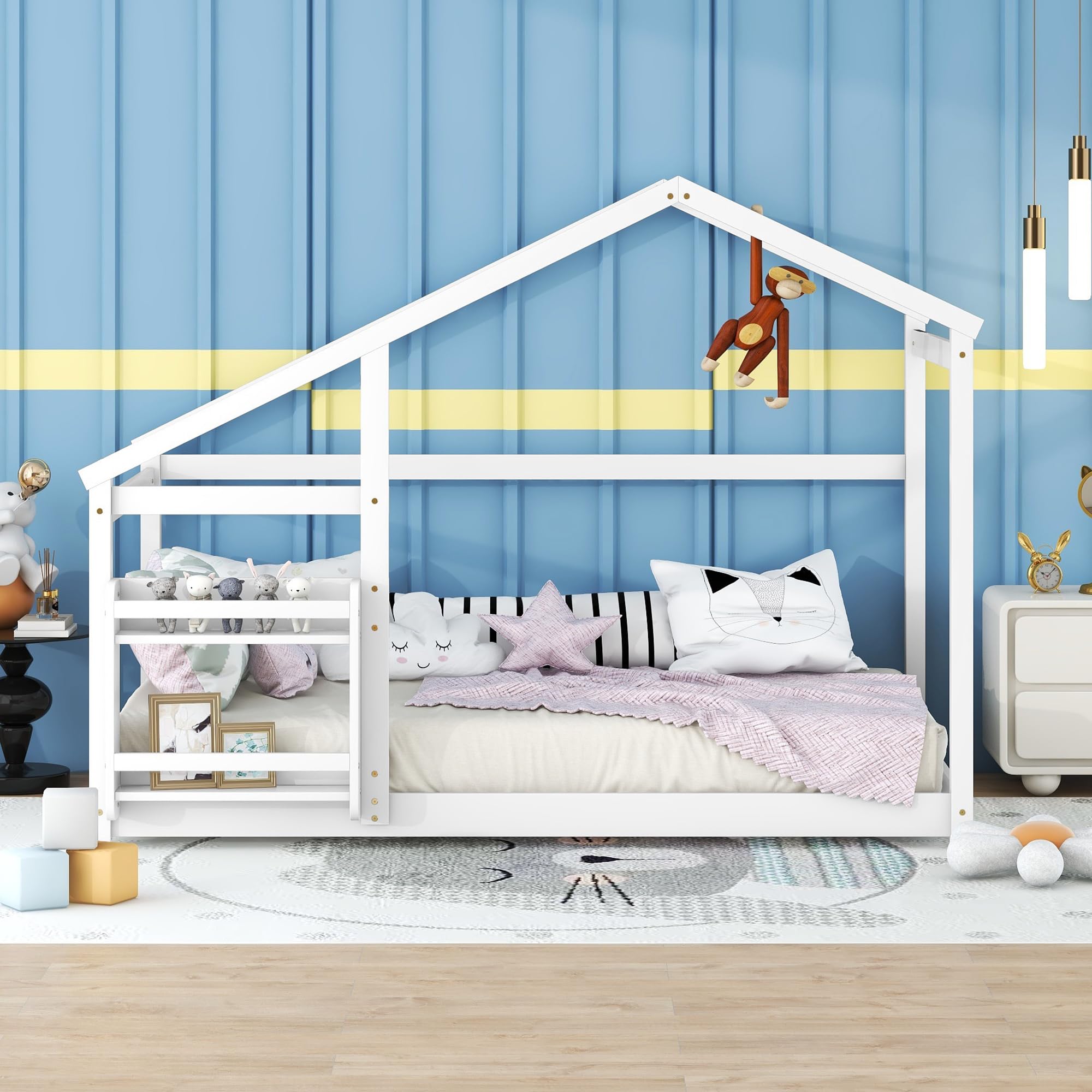Bellemave Twin Size Wooden House Bed for Kids - Montessori Floor Bed with Built-in Shelf, White - Perfect for Bedrooms, Playrooms & Montessori Learning Spaces