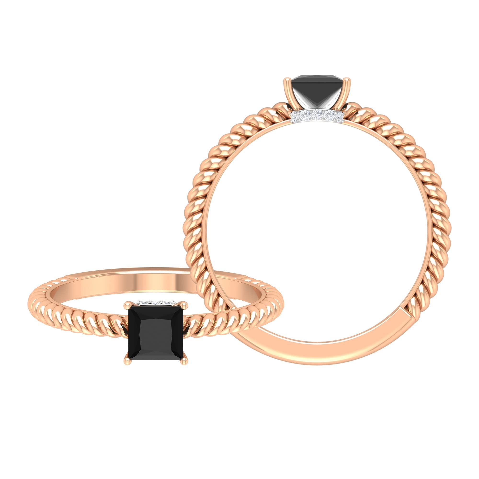0.75 CT Black and White Diamond Ring - 14K Solid Gold Princess Cut Black Diamond Solitaire Ring for Women | Elegant Wedding, Engagement, Anniversary Gift Jewelry