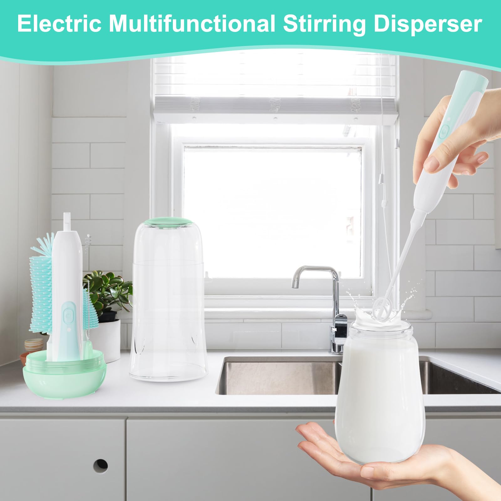 VSTM Electric Baby Bottle Brush Set - Automatic Bottle Cleaner with Silicone Brush, Nipple & Straw Cleaner, Milk Frother & Drying Rack (Green) - Perfect for Travel, Home & Nursery Use