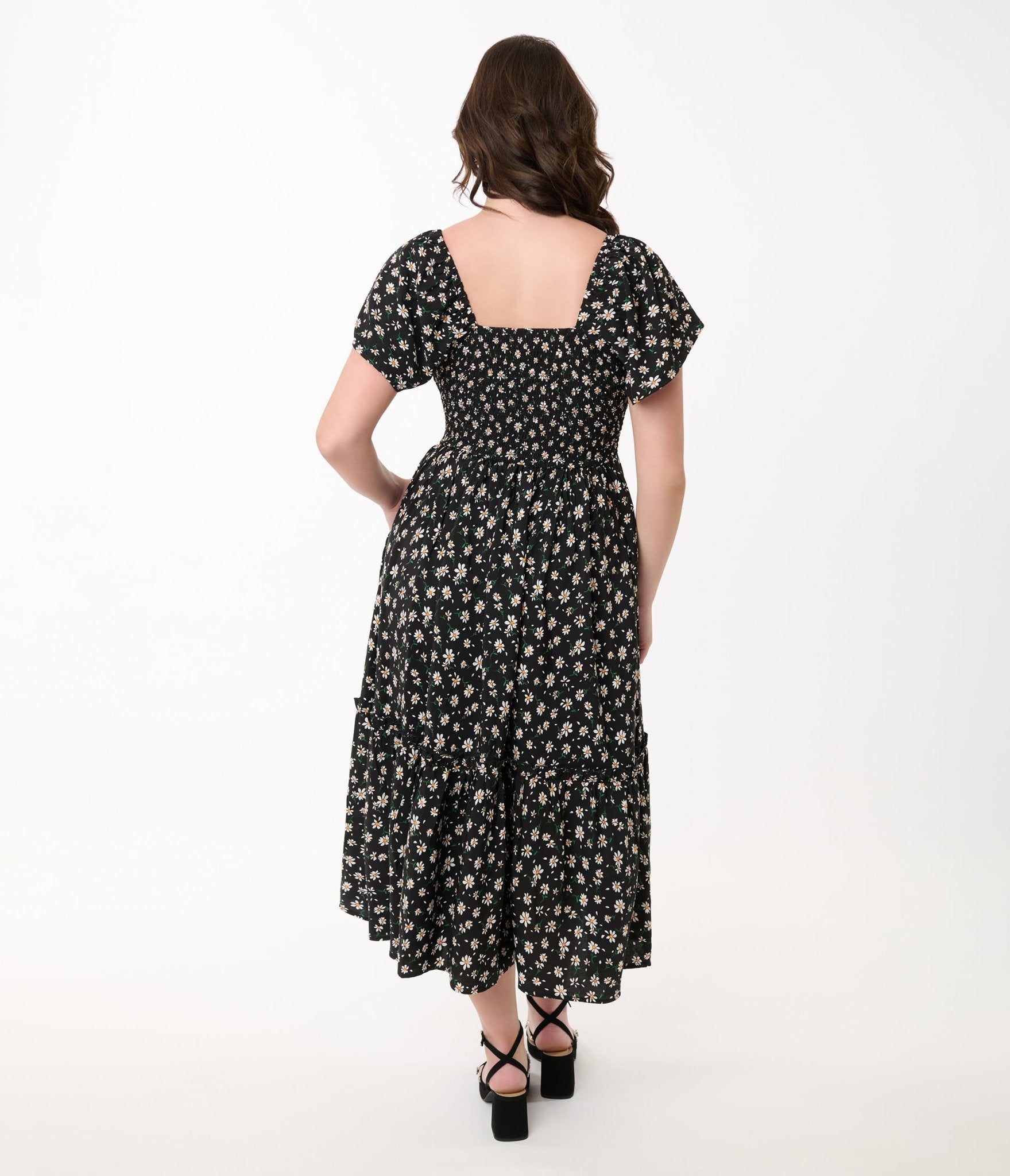 Vintage 1960s Black & White Ditsy Floral Smocked Bodice Midi Dress - Retro 60s Style Tea Dress for Women, Perfect for Parties, Weddings & Vintage Fashion Events