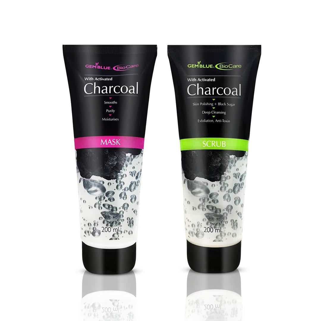 GEMBLUE BioCare Charcoal Scrub & Mask Set - 200ml Each, Deep Cleansing & Detoxifying for Acne-Prone & Oily Skin - Perfect for Daily Skincare Routine & Spa Night