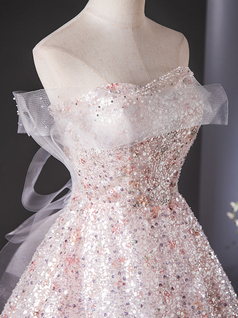 Elegant A-Line Tulle Lace Sequin Pink Long Prom Dress - Formal Evening Gown for Homecoming, Wedding, and Special Occasions