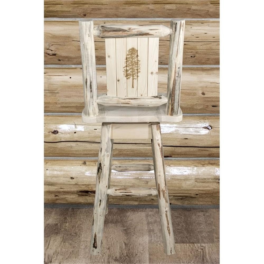 Montana Woodworks Swivel Bar Stool with Back - Laser Engraved Pine Tree Design, Clear Lacquer Finish - Counter Height Bar Stools for Kitchen Island, Breakfast Nook & Home Bar Decor