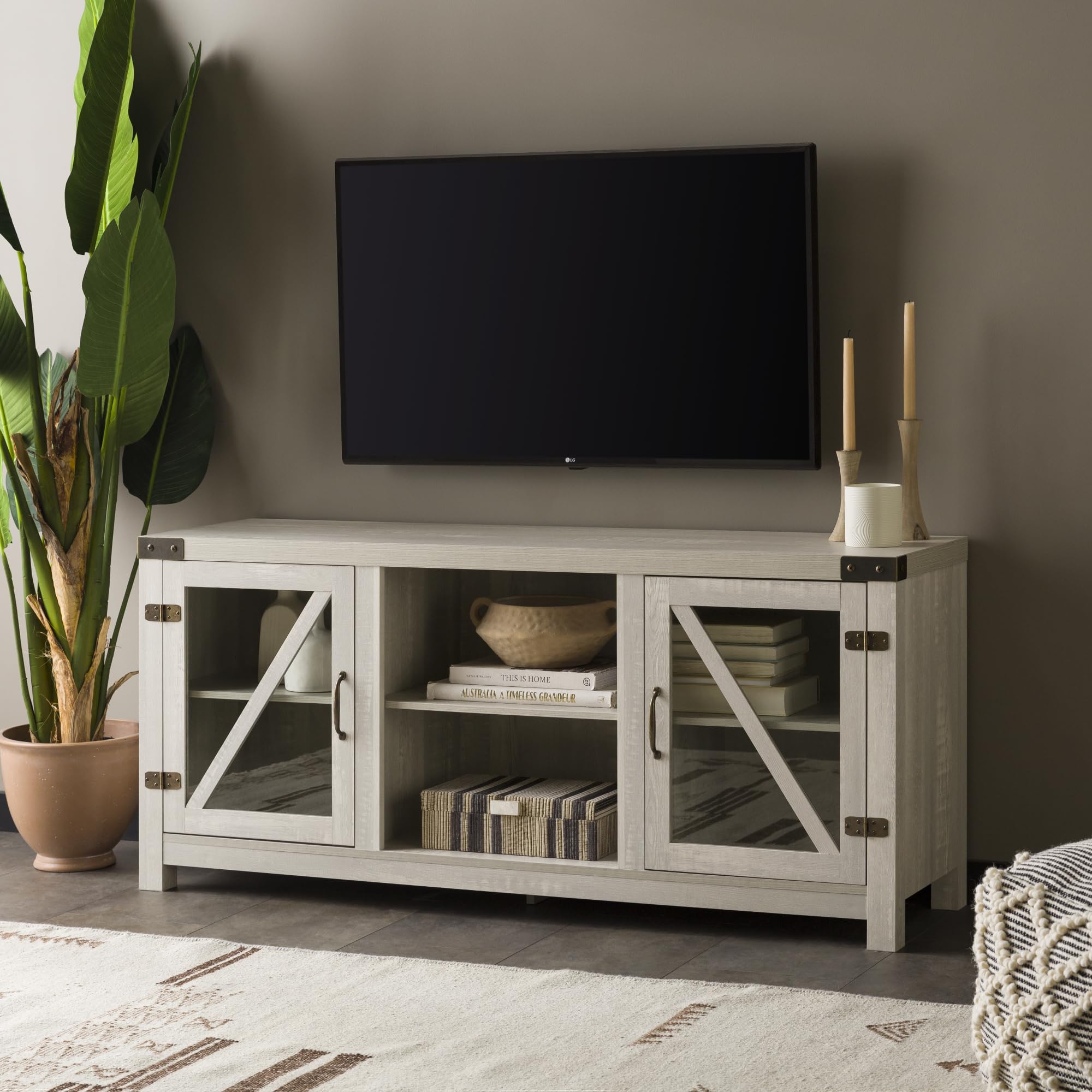 Walker Edison Wesley Modern Farmhouse 65 Inch TV Stand with Glass Doors - Rustic Stone Grey Entertainment Center for Living Room, Bedroom & Home Theater