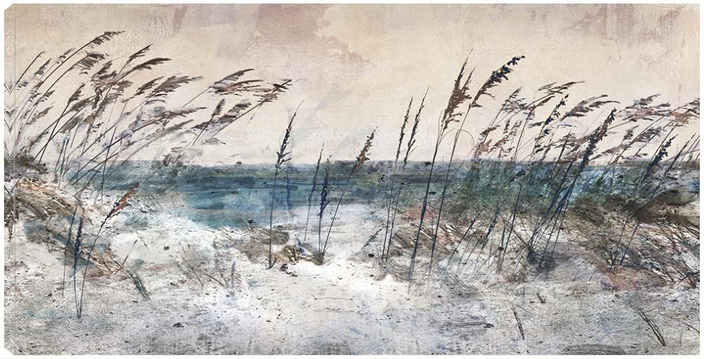 Morning Sea Grass Light Canvas Wall Art - Hand Painted Fine Art Decor for Living Room, Bedroom, Office - 40x21 Inch Ready to Hang Painting - Coastal & Nature Inspired Home Décor for Bathroom, Kitchen, Bar & Guest Room