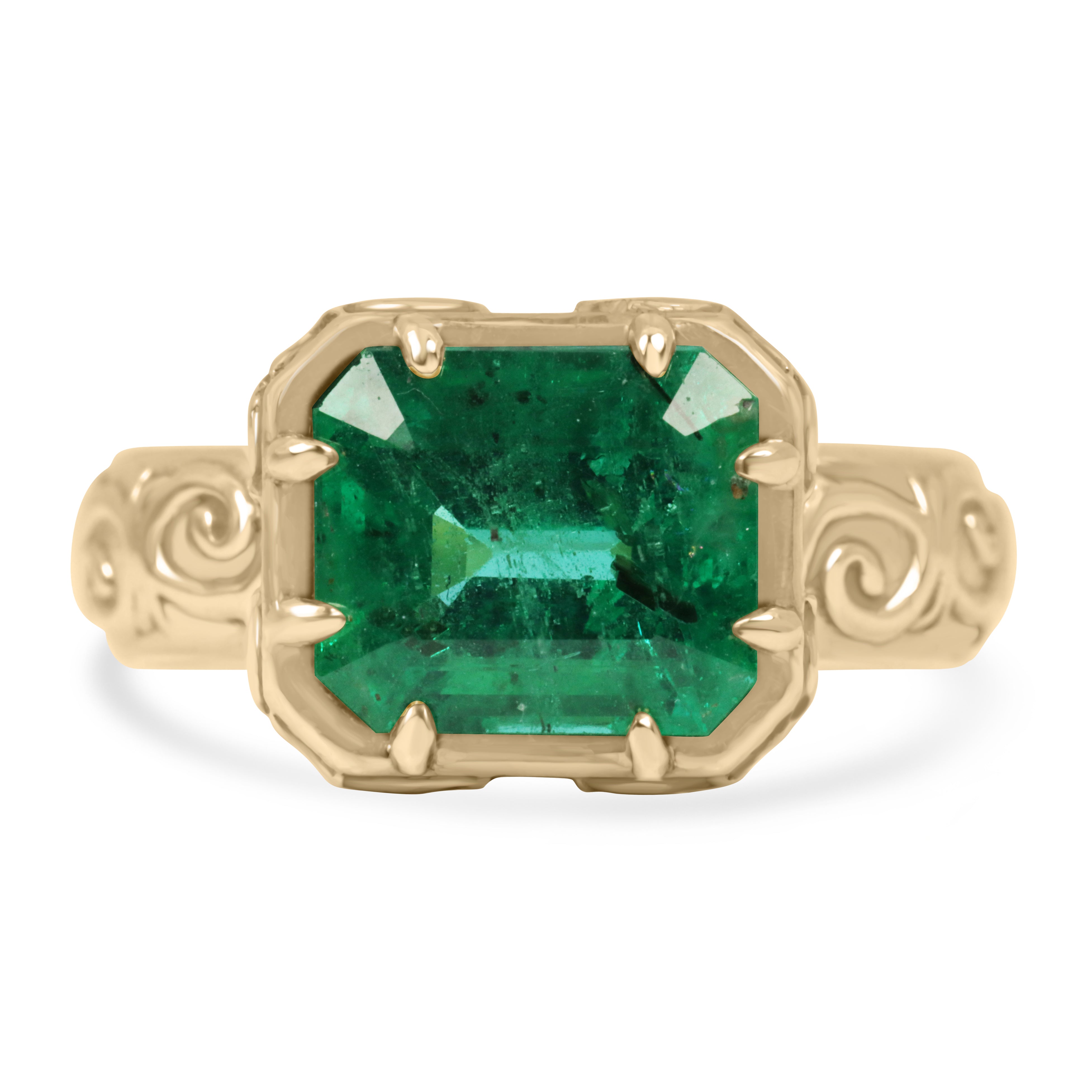 3.65ct 14K Gold East-West Emerald Solitaire Ring with Scroll Engraving – Earth-Mined Natural Gemstone for Engagement, Anniversary & Special Occasions