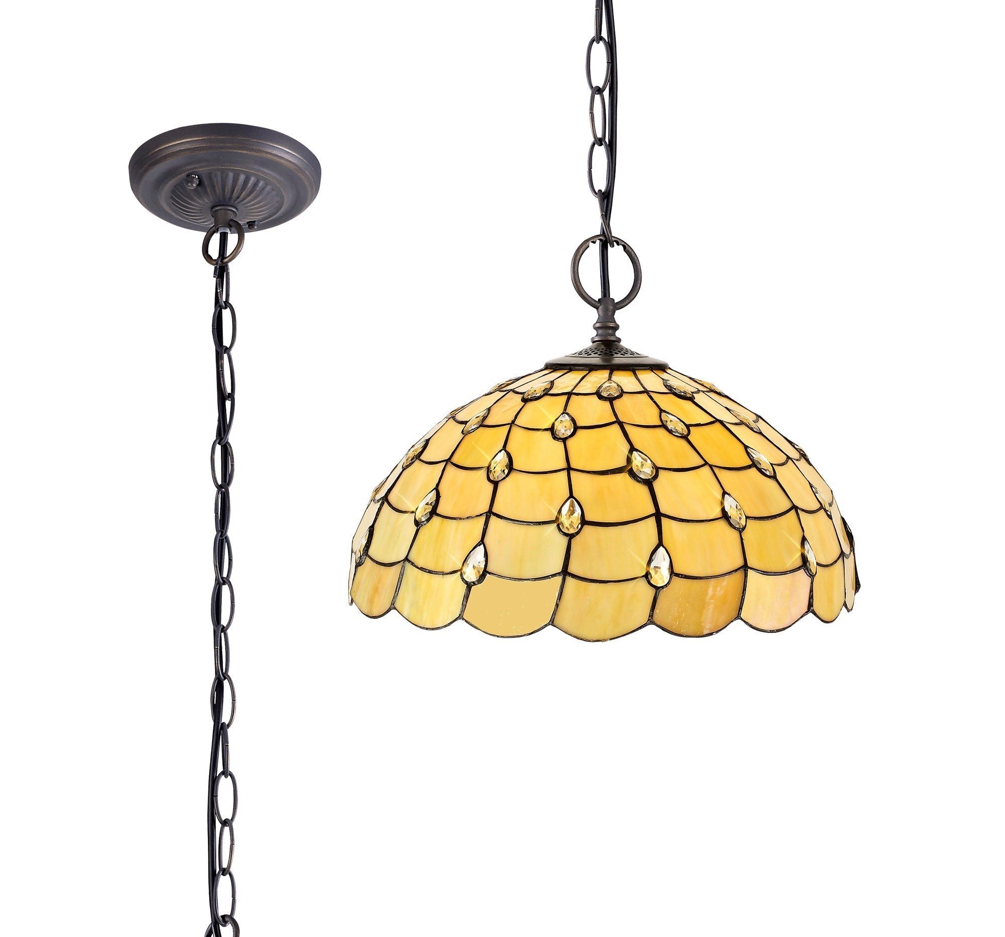 Aero 2 Light Downlighter Pendant with 30cm Tiffany Shade - E27 Socket in Beige/Clear Crystal/Aged Antique Brass Finish | Perfect for Dining Room, Bedroom & Kitchen Lighting
