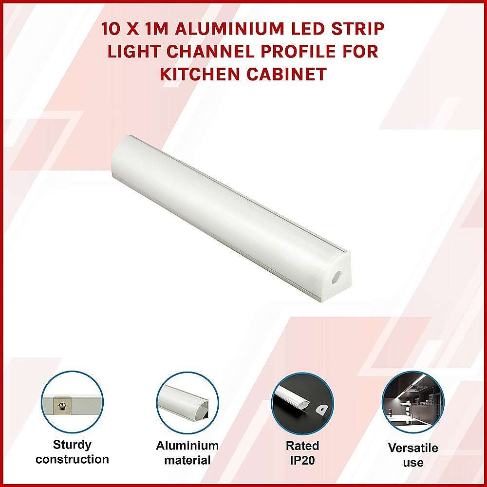 10 Pack 1M Aluminum LED Strip Light Channel Profile - Dimmable, Waterproof for Kitchen Cabinet, Under Cabinet Lighting, Shelf, Staircase, Bar Counter Decoration