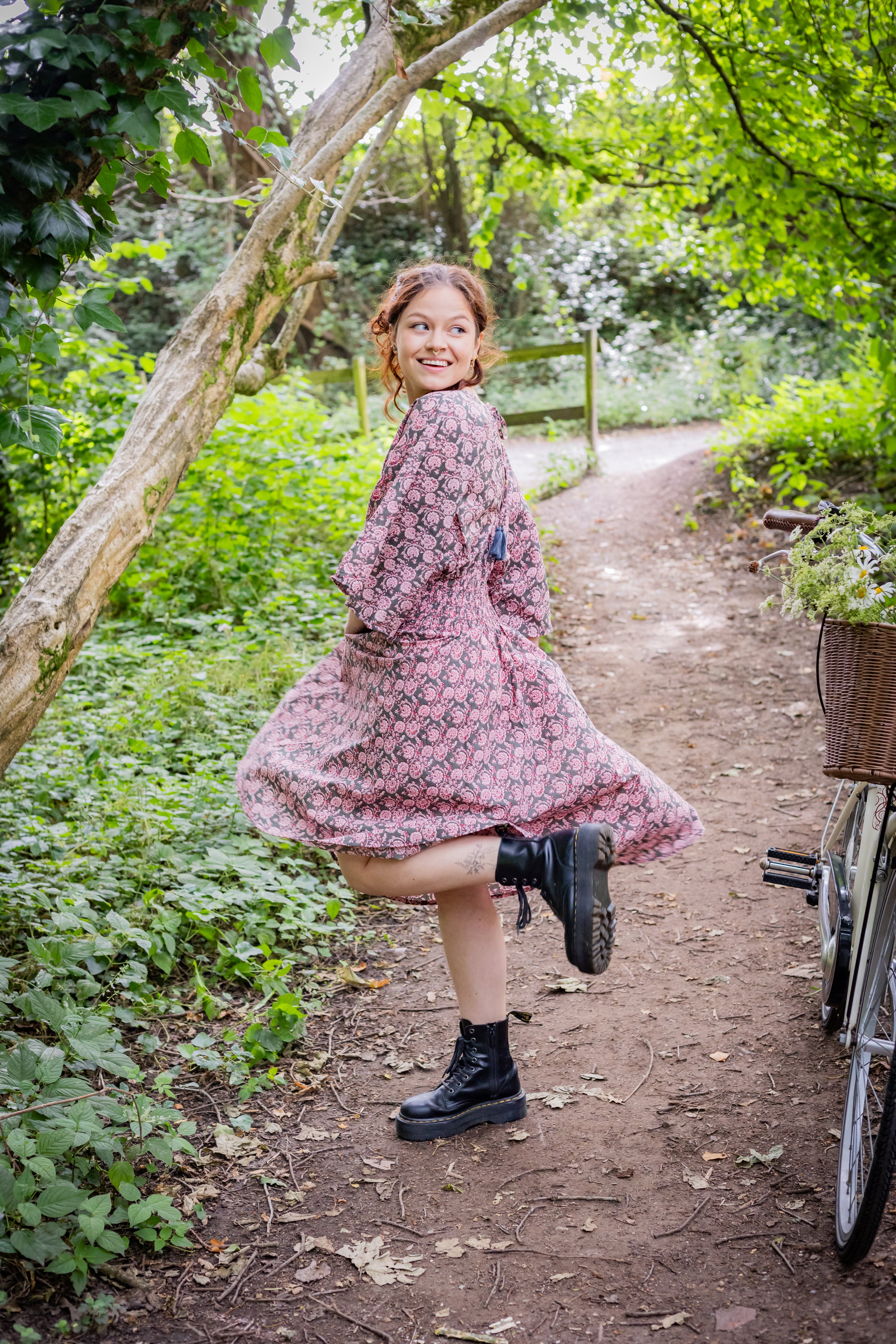 Thalia Dress - Block Print Cotton Dress in Grey & Pink Marigold | Boho Chic Summer Dress for Beach, Vacation & Casual Outings