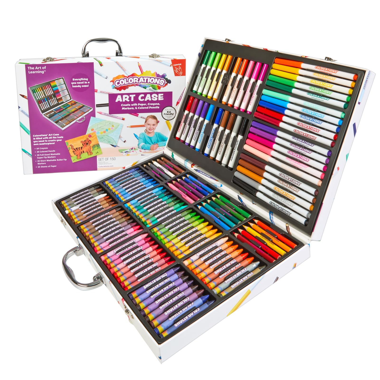 Colorations Creative Artist Case - 150 Piece Kids Art Set with Washable Markers, Crayons, Colored Pencils & Paper - Perfect for School Projects, Birthday Gifts & Home Art Activities