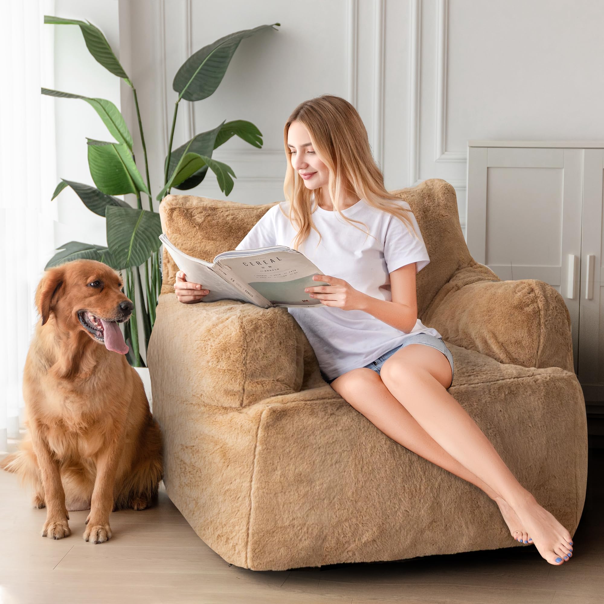 MAXYOYO Giant Bean Bag Chair - Extra Large Faux Fur Stuffed Bean Bag Couch for Living Room, Bedroom & Game Room - Super Soft Khaki Lounger for Adults & Teens - Perfect for Relaxing, Reading & Gaming