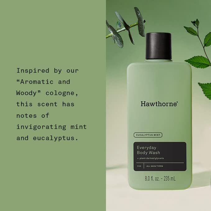 Hawthorne Everyday Shower Starter Set - Natural Eucalyptus Mint Shampoo, Conditioner & Body Wash (8 Fl Oz Each) for Daily Freshness | Hydrating Hair & Skin Care Routine | Perfect for Home, Gym & Travel Use