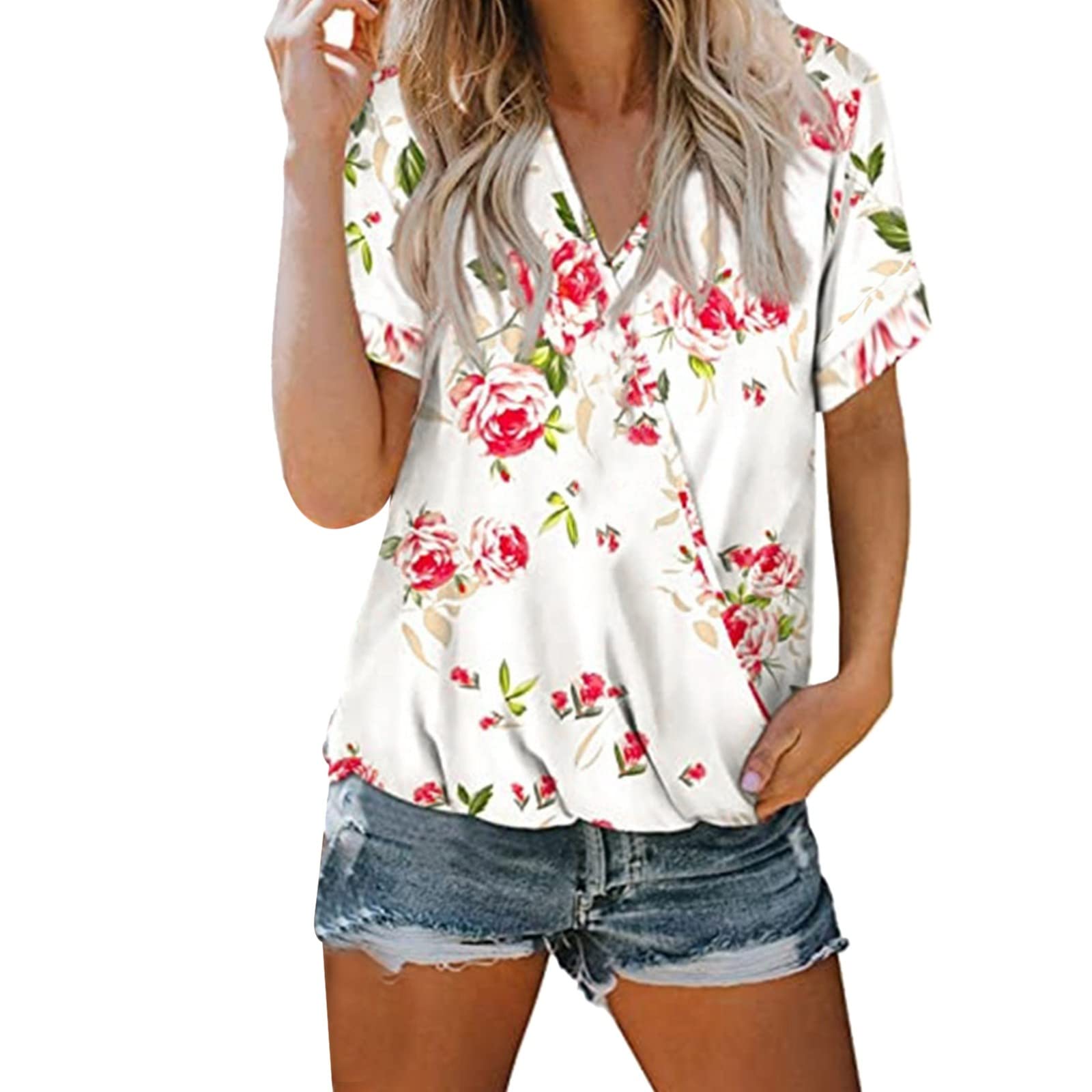 Women's Floral Print V-Neck Short Sleeve T-Shirt - Loose Fit Casual Blouse Top (Green, XL) for Summer Outfits, Beach Wear & Everyday Fashion